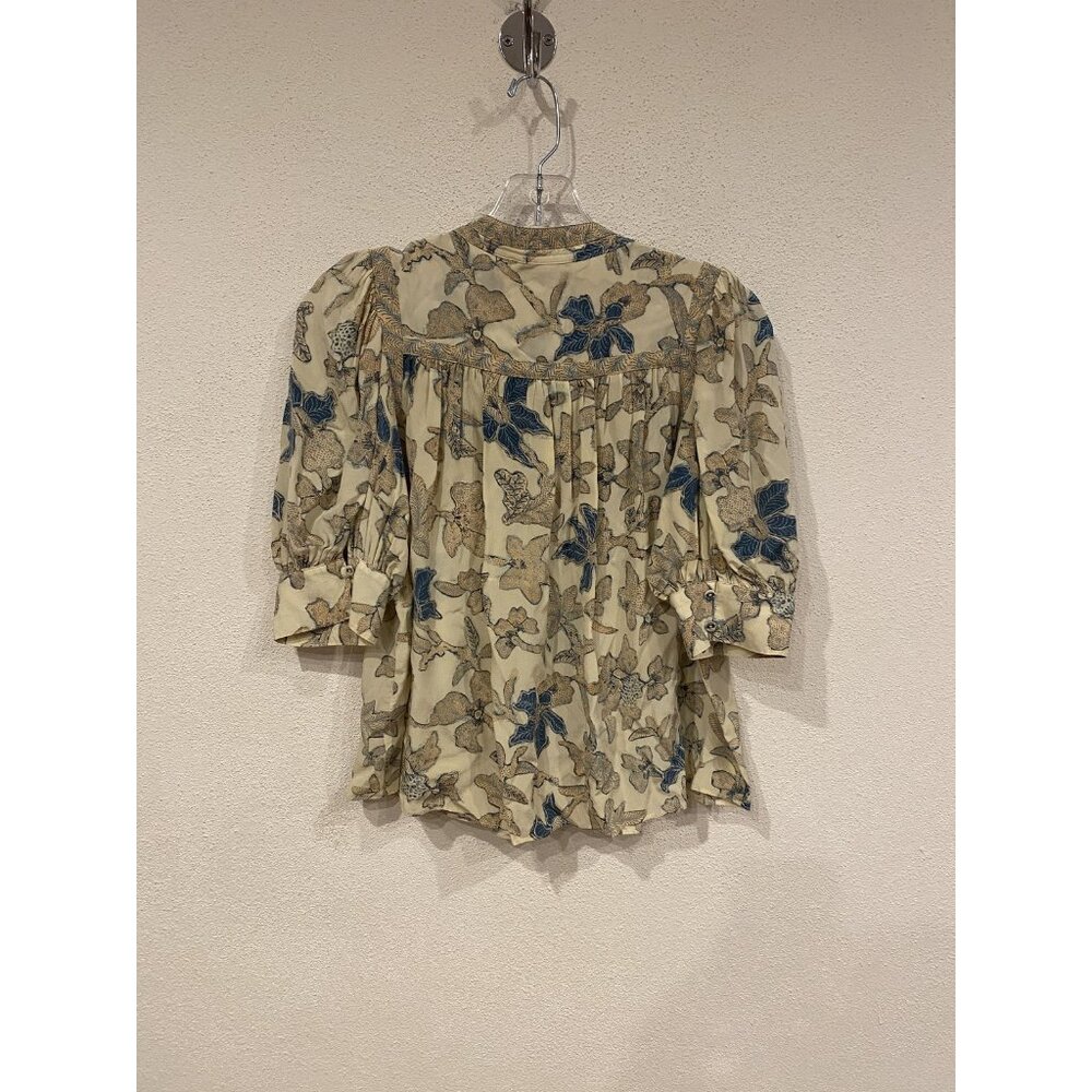 Ulla Johnson Desdra Blouse Womens 2 Cream Silk V-Neck Ruffle Puff Sleeve Floral - Picture 5 of 5